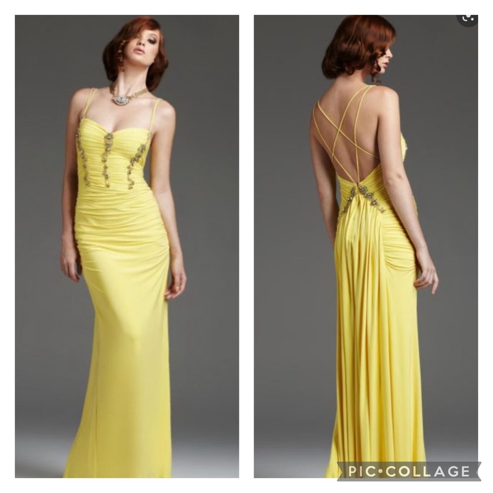 Mignon ruched full length beaded bodice back draped crisscross gown